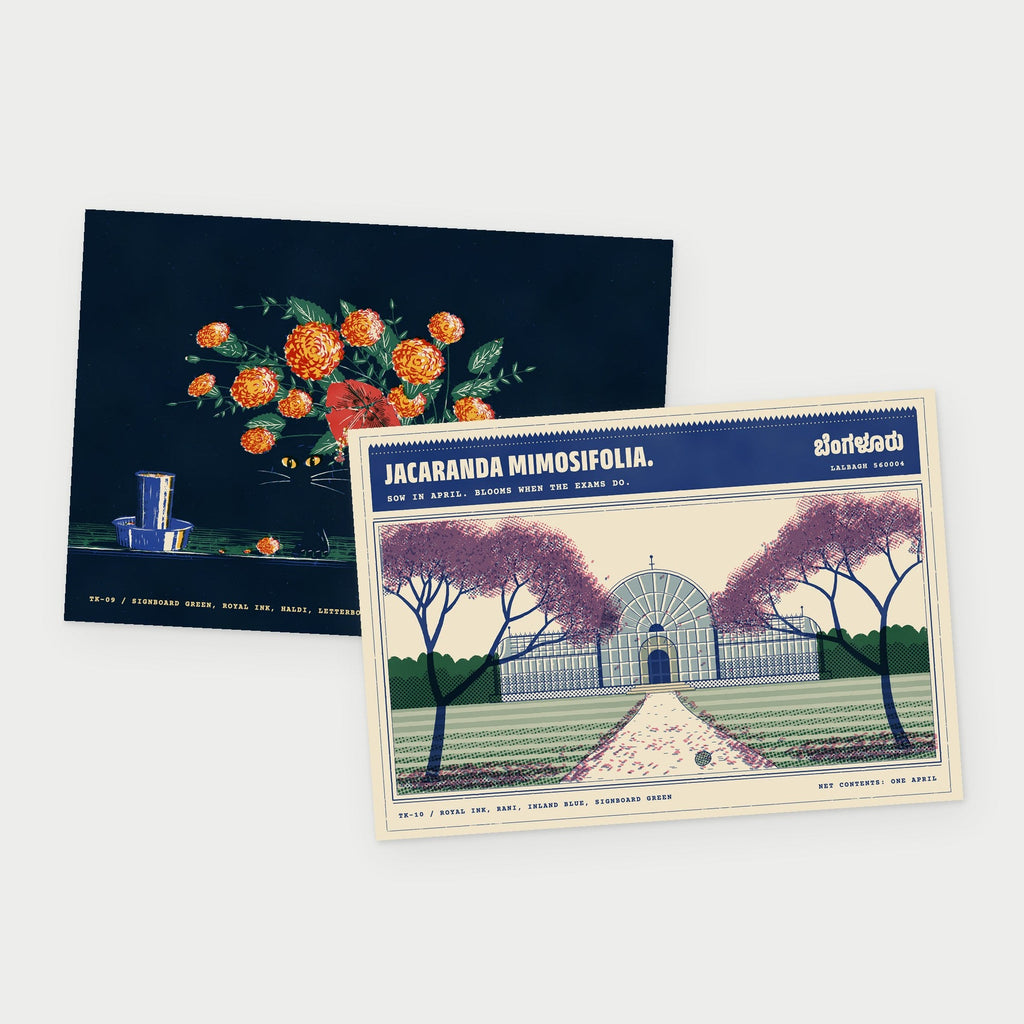 Bengaluru Pair: Still Life with Cat and Jacaranda Season, Lalbagh postcards