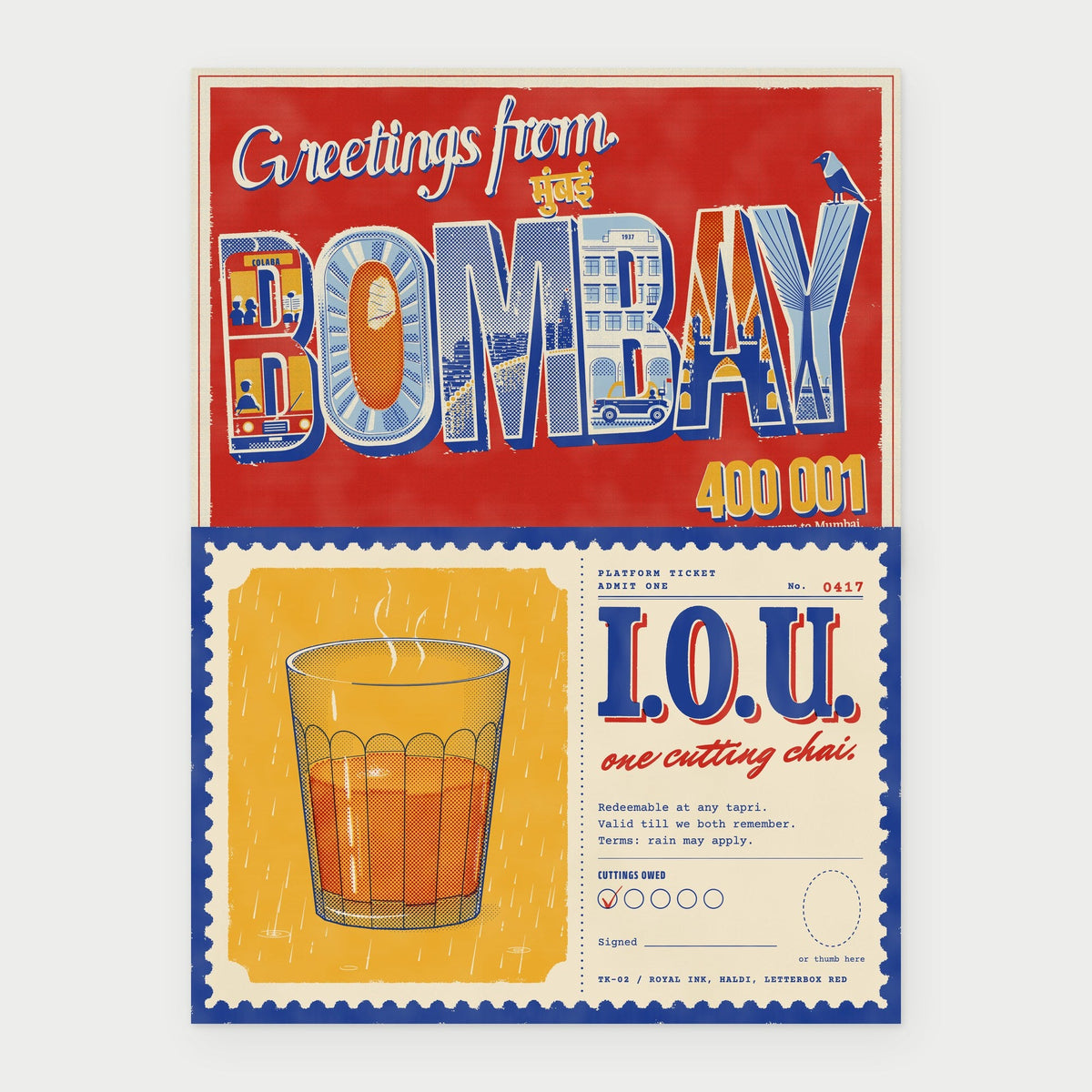 Greetings from Bombay and I.O.U. One Cutting postcards side by side