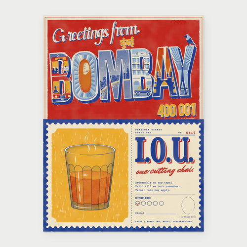 Greetings from Bombay and I.O.U. One Cutting postcards side by side