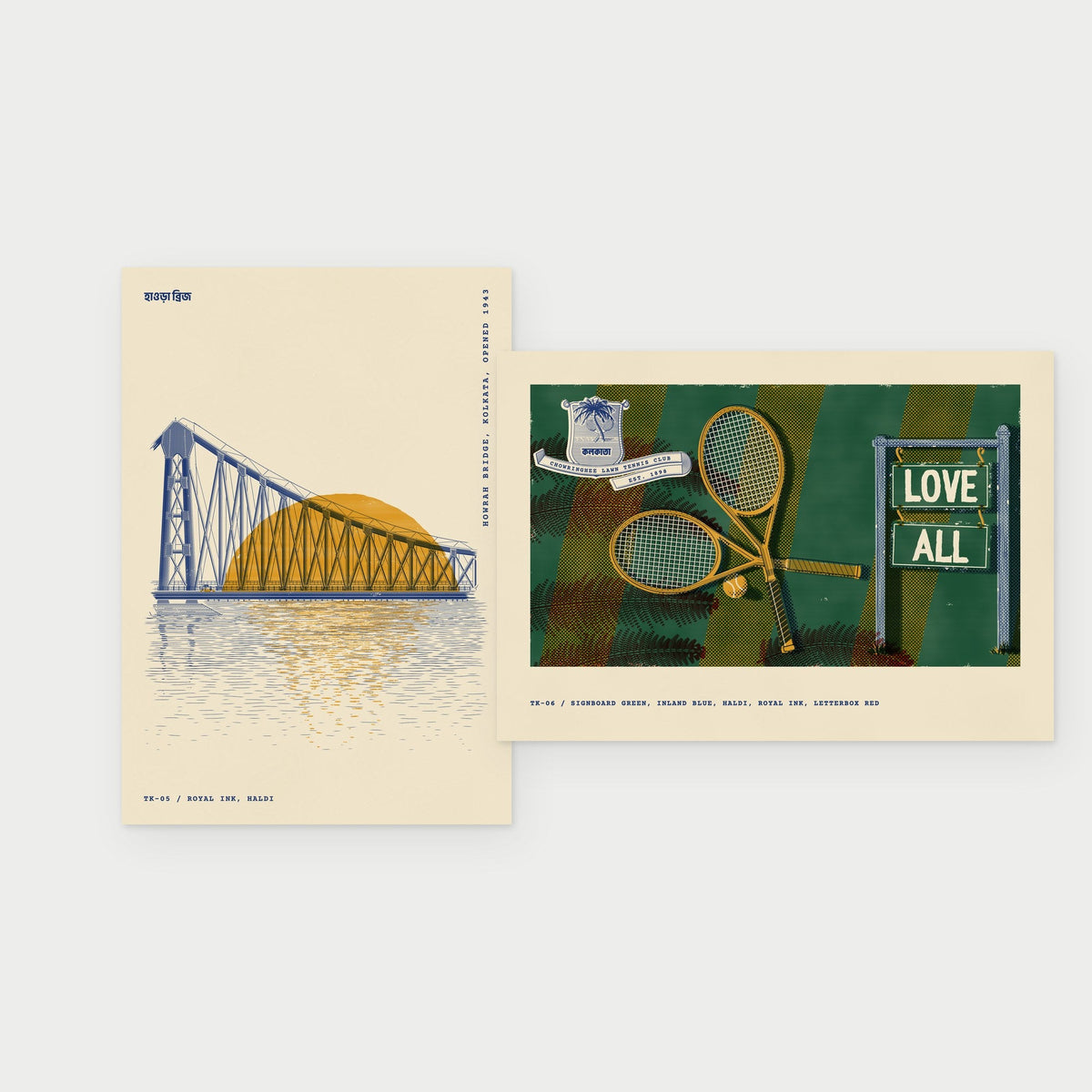 Howrah Bridge, 6:10 am and Love All postcards side by side
