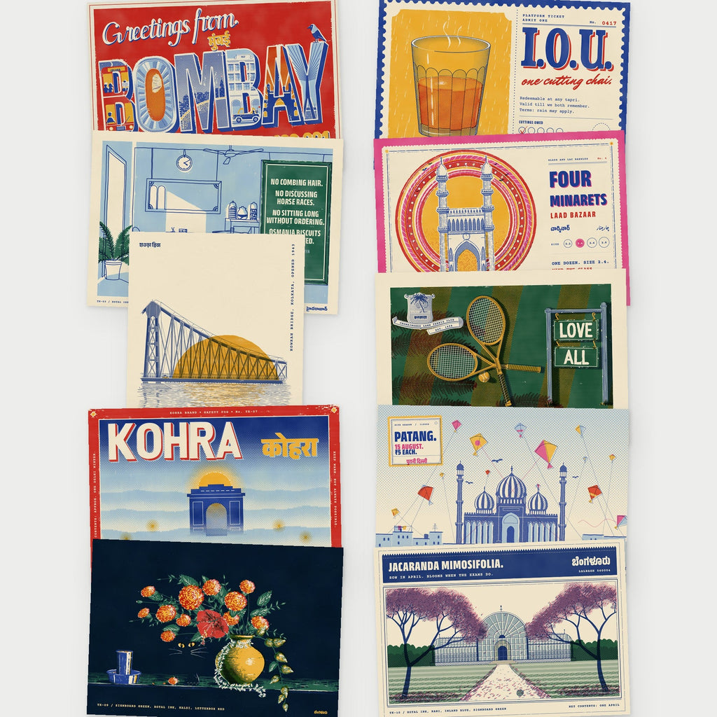 All ten Tikat postcards laid out in two columns