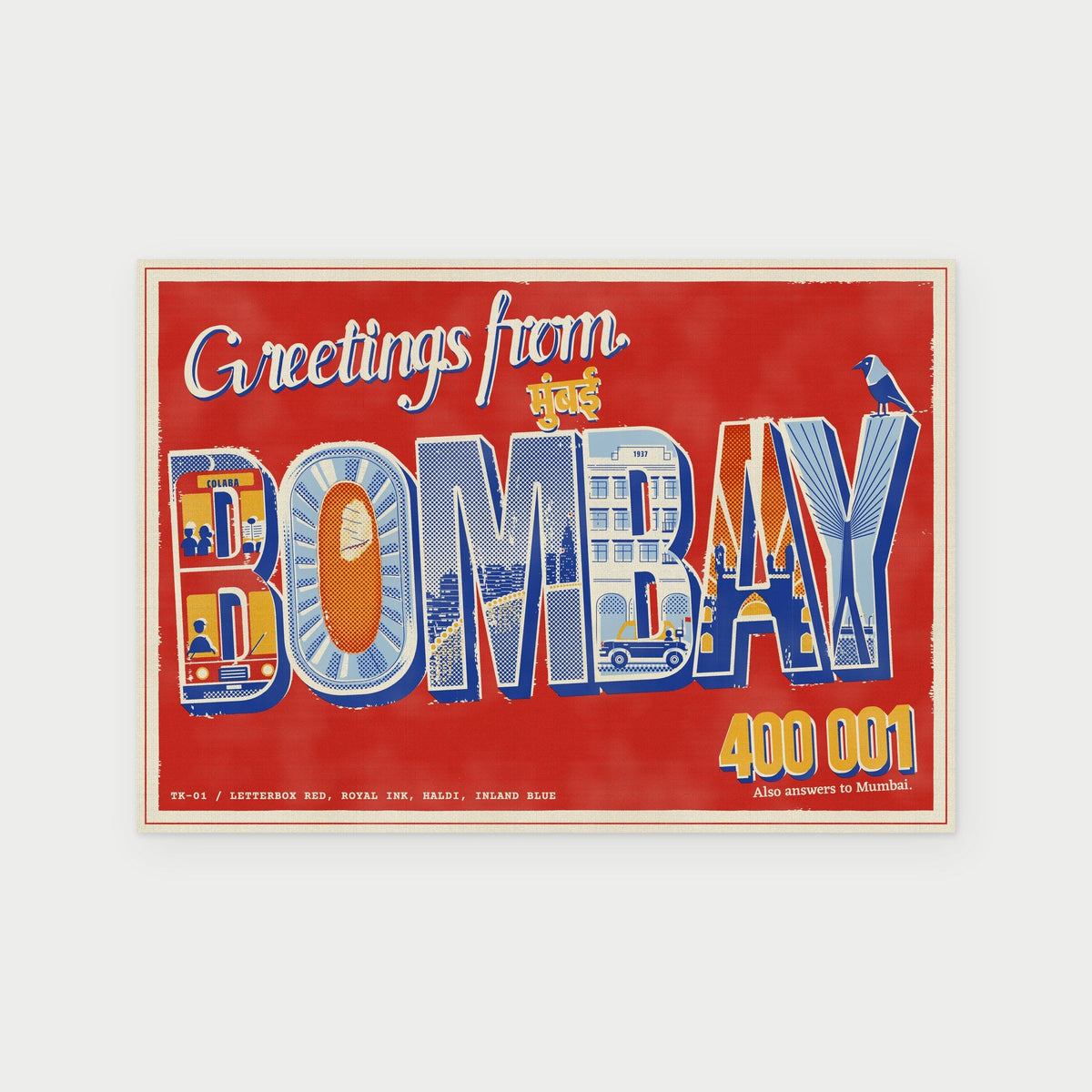 Greetings from Bombay postcard, red large letters with a bus, chai glass, Gateway and crow