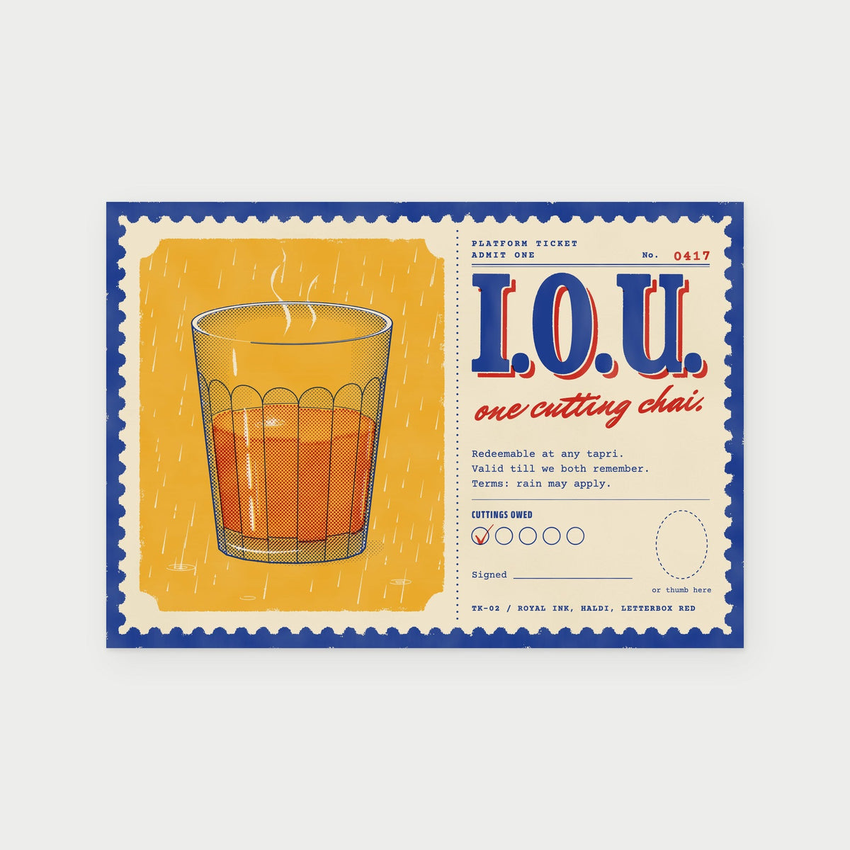 I.O.U. One Cutting postcard, front