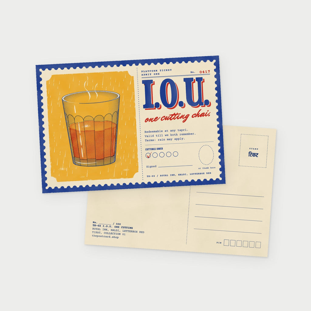 I.O.U. One Cutting postcard, front and back together