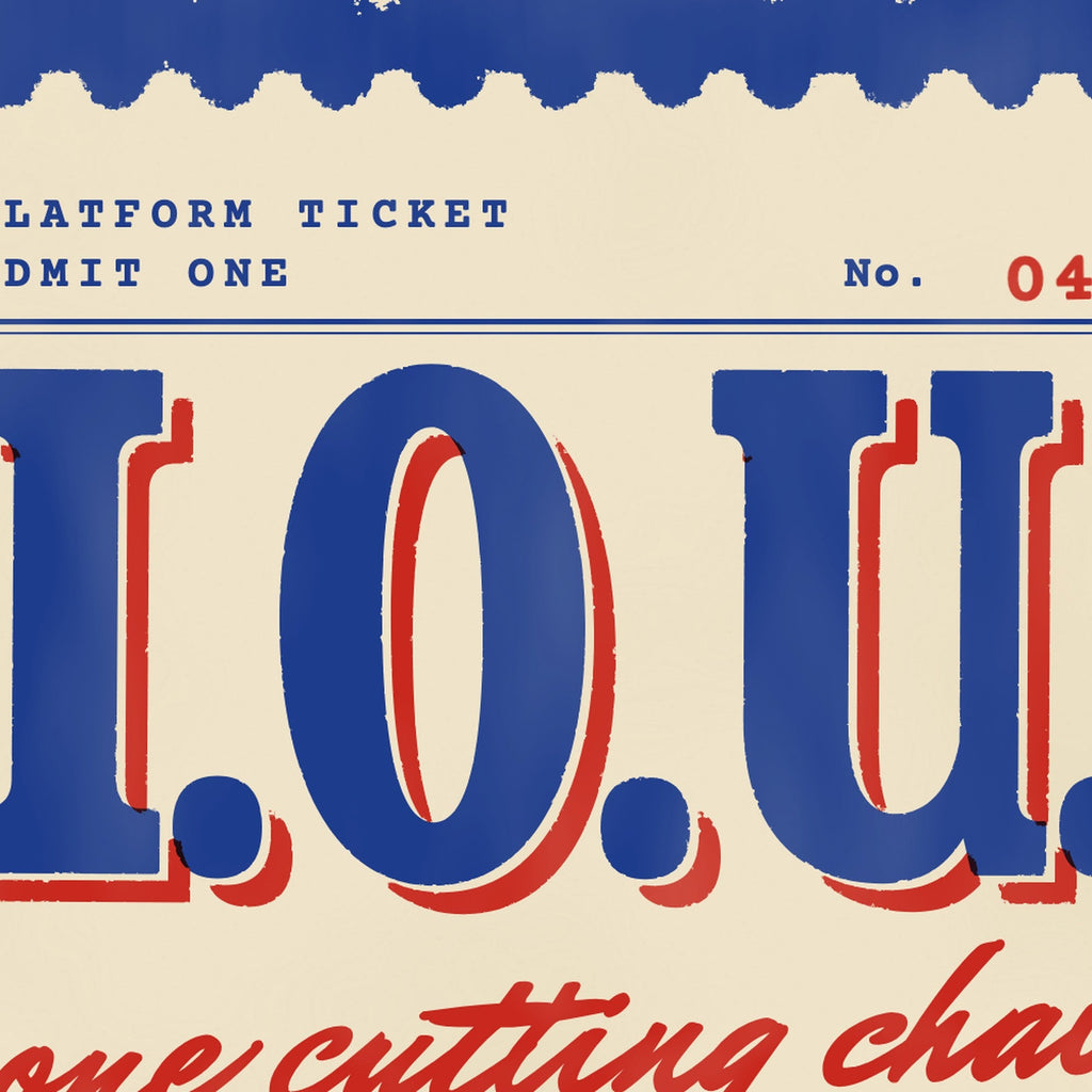 Tear line and stamp-edge border on the I.O.U. One Cutting ticket postcard