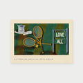 Love All postcard with crossed wooden rackets on a striped lawn under krishnachura shadow