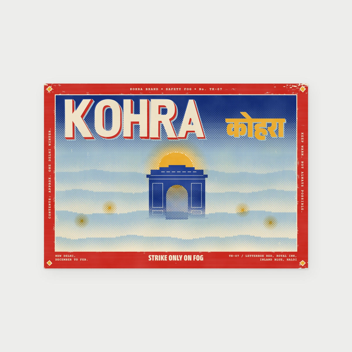 Strike Only on Fog postcard, a matchbox label with India Gate half lost in Delhi winter fog