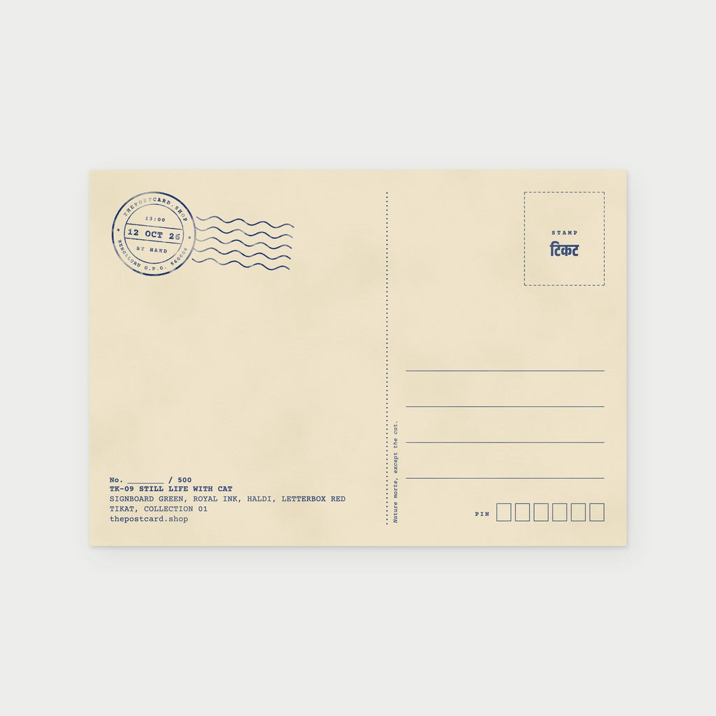 Back of the Still Life with Cat postcard with stamp box and address lines