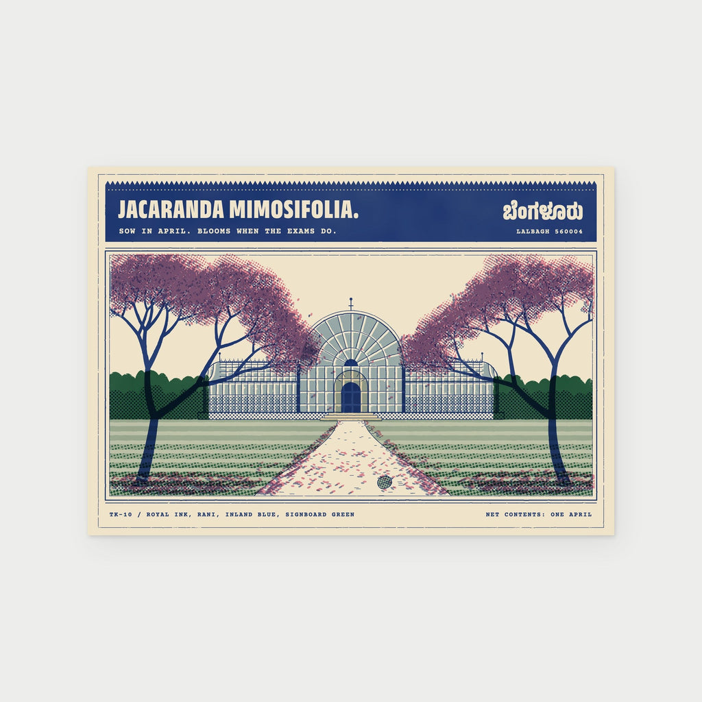 Jacaranda Season Lalbagh postcard styled as a seed packet with the Glass House under purple blossom